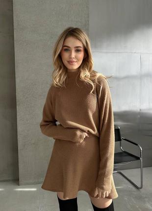 Костюм женский теплый однонтонный оверсайз свитер юбка короткая на высокой посадке качественный стильный серый горчица7 фото