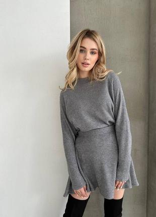 Костюм женский теплый однонтонный оверсайз свитер юбка короткая на высокой посадке качественный стильный серый горчица2 фото
