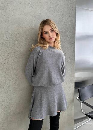 Костюм женский теплый однонтонный оверсайз свитер юбка короткая на высокой посадке качественный стильный серый горчица4 фото