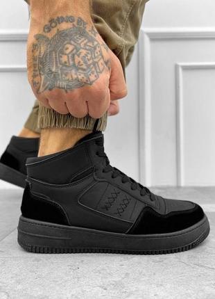 Мужские высокие черные кроссовки force up кожаные стильные черные1 фото
