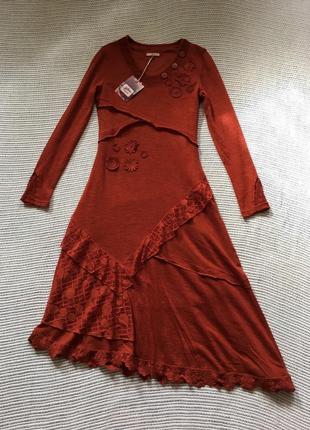 Вязаное терракотовое платье, с ажуром,1 фото