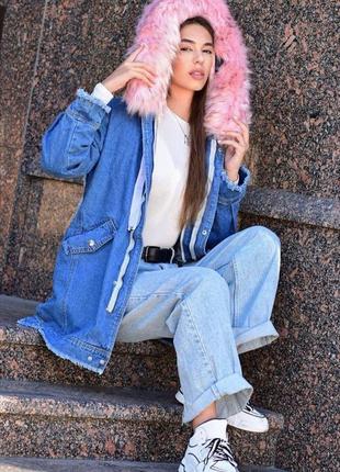 Жіноча джинсова хутряна парка/куртка з принтом-з капюшоном хутряним.1 фото