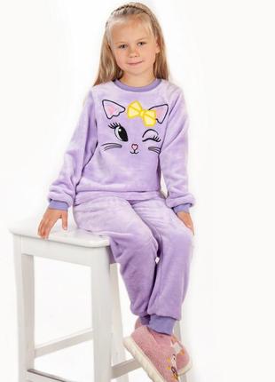 Махрова бузкова тепла піжама велсофт для дівчаток з котиком, тёплая сиреневая махровая плюшевая пижама