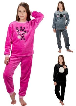 Махровая теплая пижама велсофт для девочек с котиком, теплая махровая плюшевая пижама
