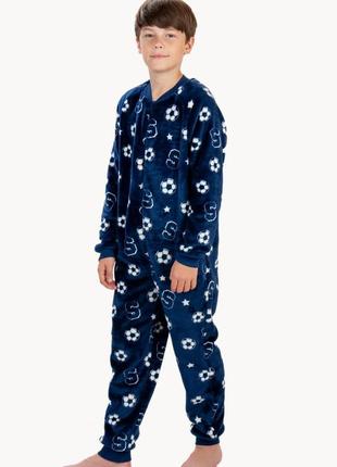 Махровая цельная пижама комбинезон подростковый, комбинезон пижама велсофт махра космос, футбол2 фото