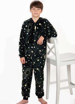 Махровая цельная пижама комбинезон подростковый, комбинезон пижама велсофт махра космос, футбол1 фото