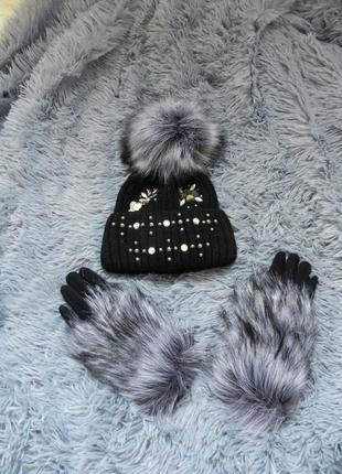✅ красивенный набор шапка и перчатки зима с мехом1 фото