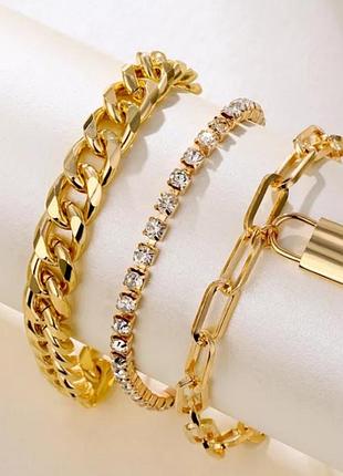 Набор женских браслетов 3шт комплект золотой бижутерии