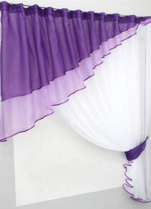 Якісний кухонний комплект (270х170см) шторки з ламбрекеном. колір фіолетовий з білим2 фото