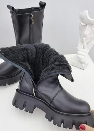 Зимние кожаные ботинки женские на платформе черные ch-227 фото