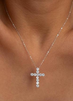 Серебряный s925 крестик с камушками фианитами ( бриллиантовый блеск) на цепочке, крестик тифани подарок девушке