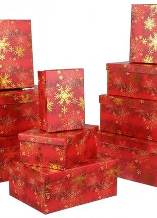 Набір новорічних подарункових коробок "золоті сніжинки на червоному",l: 37 .5*29*16 см (комплект 10 шт)