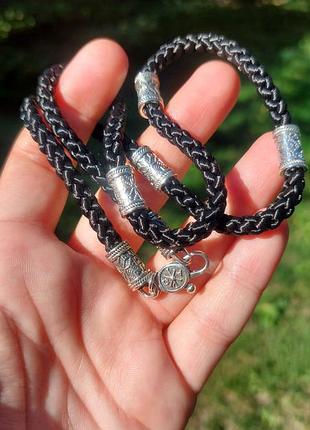 Гайтан на шию срібний з намистинами вишиванка, шнурок серебро лавсан