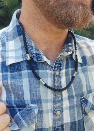 Гайтан на шию срібний з намистинами вишиванка, шнурок серебро лавсан