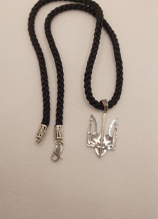 Гайтан серебряный трезубец, шнурочек на шею серебро и лавсан, герб украины8 фото