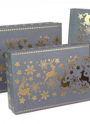 Набор новогодних подарочных коробок "золотистые олени на сером", l: 32,5 х 23,5 х 8,5 см (комплект 3 шт)