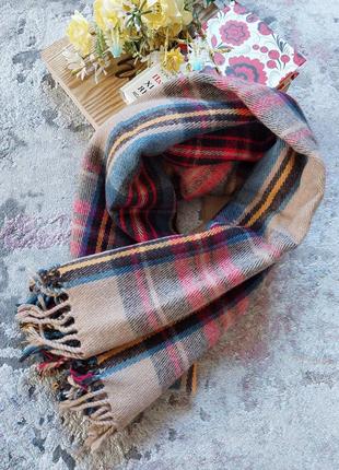 Бежевый клетчатый широкий шарф* палантин *шаль ( 65 на 190 см)