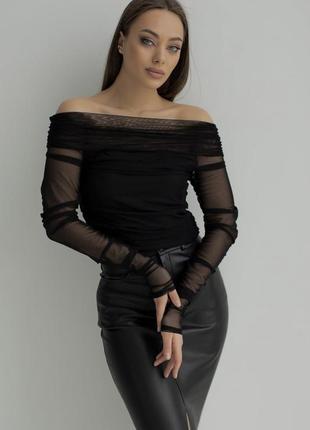 Кофтинка/блуза/топ нарядна зі спущеними плечиками човником з біфлексу та ніжною сіткою