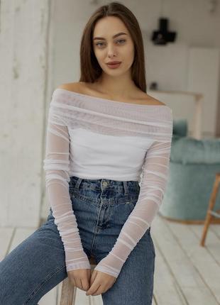 Кофточка/блуза/топ нарядная со спущенными плечиками лодочкой с бифлекса и нежной сеткой черная белая беж