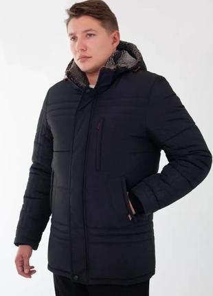Зимняя черная мужская куртка парка/ классический теплый пуховик с воротником и капюшоном на меху - зима