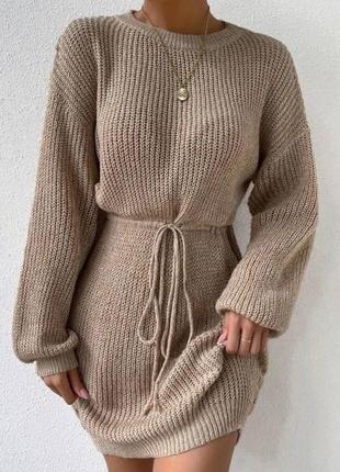Платье короткое вязаное теплое на длинный рукав с поясом качественное стильное базовое бежевое оливковое