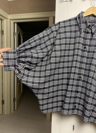 Сорочка вільного крою у клітинку, вкорочена сорочка з об’ємними рукавами у клітинку5 фото