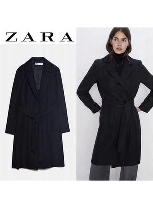 Черное пальто с поясом от zara женское базовое
