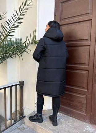 Куртка женская зимняя стеганая с капюшоном удлиненная черная плащевка холофайбер норма/батал все размеры 42-564 фото