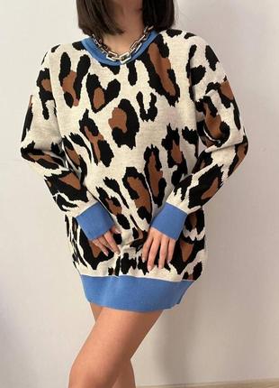 Платье короткое теплое акрил в&amp;nbsp; свитер леопард туника мини оверсайз длинный рукав прямое трапеция длинная удлиненная туника худи свитшот1 фото