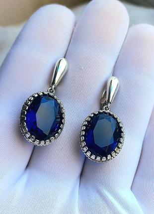Серебряные серьги синий камень циркон4 фото