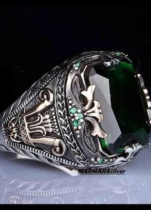 Турецкое мужское кольцо из серебра печатка мужская падишах императора с зеленым камнем размер 22