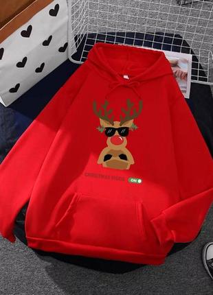Тепле новорічне худі оверсайз на флісі з капюшоном кишенею кенгуру принтом надписами кофта з оленем1 фото