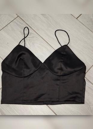Атласний топ xs/s від h&m укорочений короткий кроп топ корсет на тонких лямках ліф атласна чорна блуза