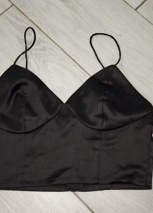 Атласний топ xs/s від h&amp;m укорочений короткий кроп топ корсет на тонких лямках ліф атласна чорна блуза2 фото