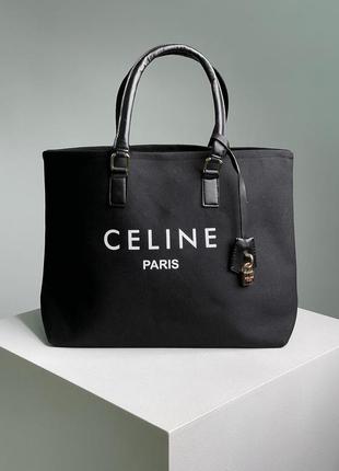 Черная шоппер мешок celine large shopper на каждый день длинные ручки плотный текстиль3 фото