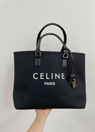 Черная шоппер мешок celine large shopper на каждый день длинные ручки плотный текстиль2 фото