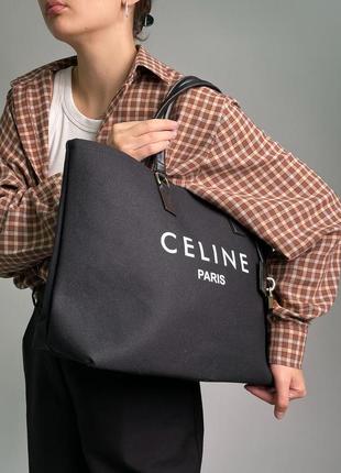 Черная шоппер мешок celine large shopper на каждый день длинные ручки плотный текстиль4 фото