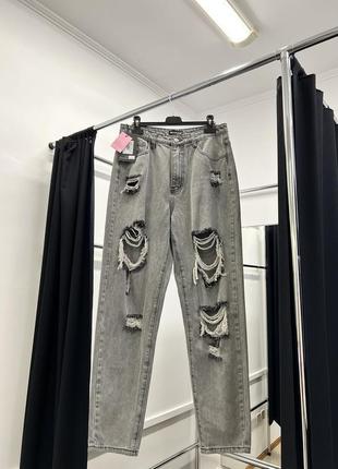 Плотные серые стильные акуральные рваные коттоновые джинсы мом prettylittlething5 фото