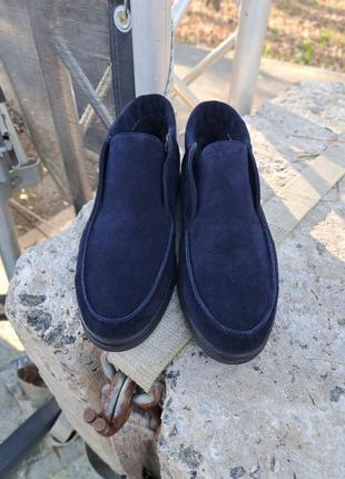 Сині замшеві лофери (черевики слиперы дезерты) з хутром або байкою5 фото