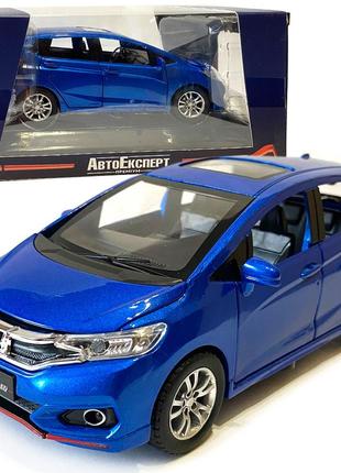 Машинка металева дитяча honda fit, синя, металева, 1:32, звук, світло, інерція, відкриваються двері, багажник, капот, 15*5*6см (gt