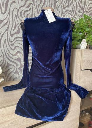 Нарядное платье бархатное синие с кружевом4 фото
