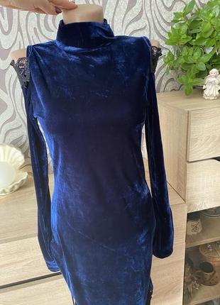 Нарядное платье бархатное синие с кружевом6 фото