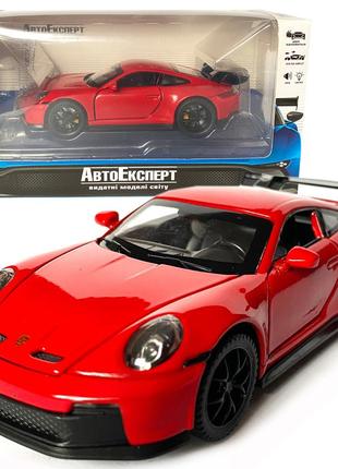 Игрушечная машинка металлическая porsche 911 gt3, порше, красный, звук, свет, инерция, откр двери, капот,