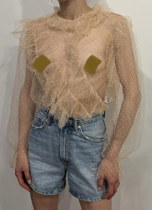 Zara прозрачная блуза сетка в горошек с рюшами2 фото