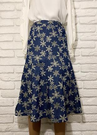 Джинсовая юбка миди в цветочный принт, люксовый бренд, bm, vintage, синяя, годе,
