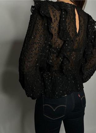 Полупрозрачная нарядная блестящая блуза с воланами и объёмными рукавами h&m zara🔥7 фото
