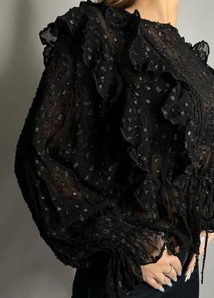 Полупрозрачная нарядная блестящая блуза с воланами и объёмными рукавами h&m zara🔥4 фото
