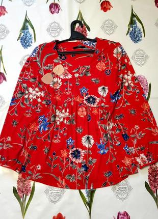 Шикарная красная блуза в цветы с пышным рукавом от george2 фото