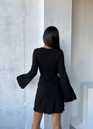 Сукня жіноча міні в рубчик з зав’язками на спинці чорна, електрик (синя) та мокко (плаття)3 фото