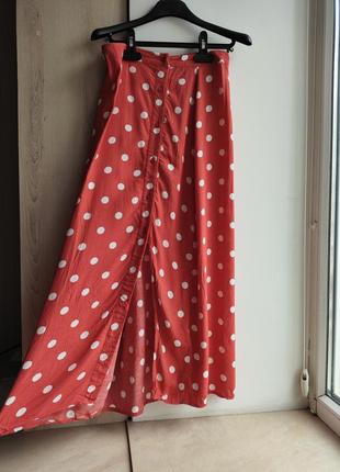 Довга сукня на ґудзиках в гороз з розрізом висока талія червона длинная с разрезом